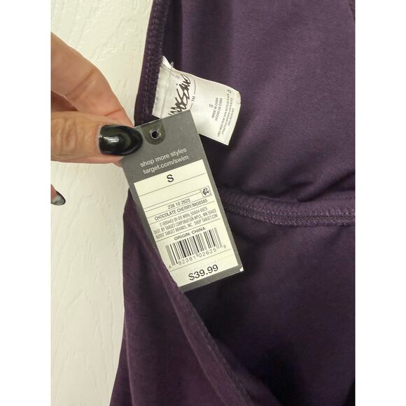 Mossimo Halter plum purple fringe one piece bathing suit NWT v neck swim Small - Picture 5 of 5